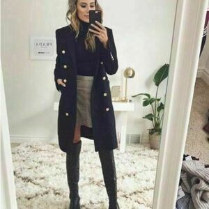 Zara Elegant Black Coat with Gold Accents and Over the Knee Boots